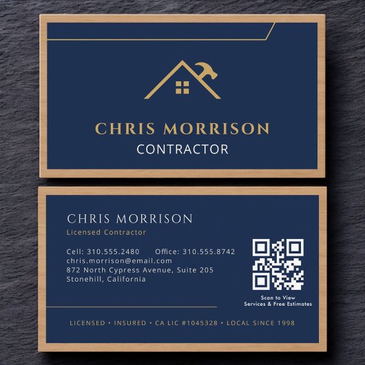 Carte De Visite Code QR Bois Construction Entreprise Bleu Marine
