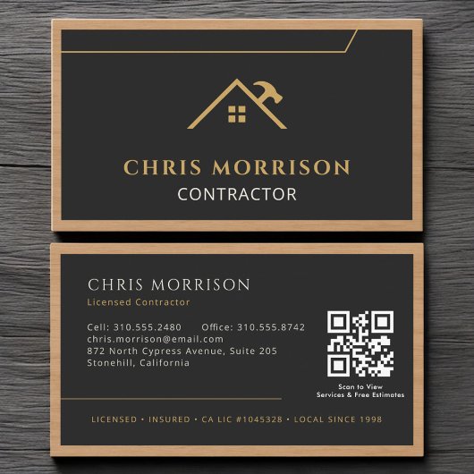 Carte De Visite Code QR Bois de Construction Entrepreneur Or Noir