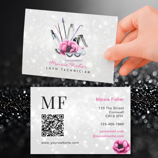 Carte De Visite Code QR Bokeh Technicien de Cils, Cils QR Code