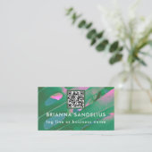Carte De Visite Code QR botanique moderne unique rose et vert (Debout devant)