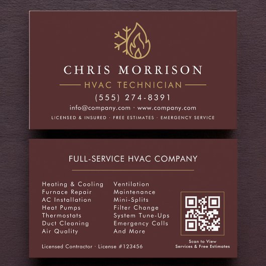 Carte De Visite Code QR Bourgogne Or HVAC Moderne