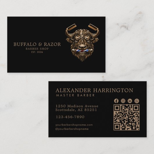 Carte De Visite Code Qr Bronze Buffle Salon de Coiffeur Profession (Devant / Derrière)