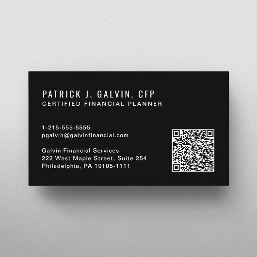 Carte De Visite Code QR Certifié Planificateur Financier Noir
