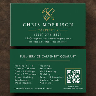 Carte De Visite Code QR Charpentier Moderne Vert Or