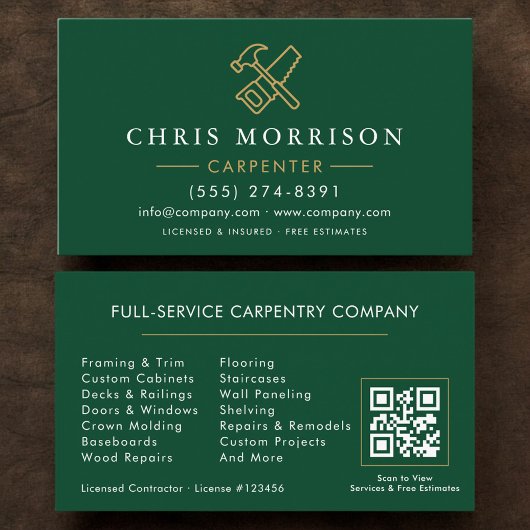 Carte De Visite Code QR Charpentier Moderne Vert Or