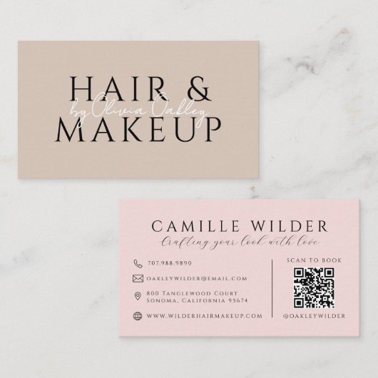 Carte De Visite Code QR Cheveux Et Maquillage Rose Pâle (Devant / Derrière)