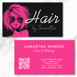 Carte De Visite Code QR Cheveux Glam Moderne Rose et Noir