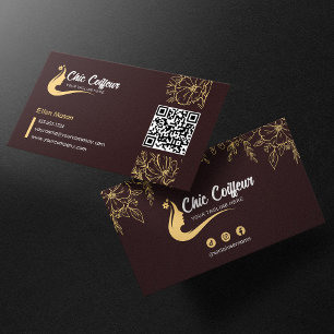 Carte De Visite Code QR Chic Brun Doré Floral Coiffeur Beauté