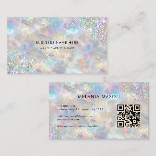 Carte De Visite Code QR Chic Holographique Paillettes Opale Irides (Devant / Derrière)