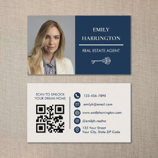 Carte De Visite Code QR Clé Classique Navy Agent Immobilier