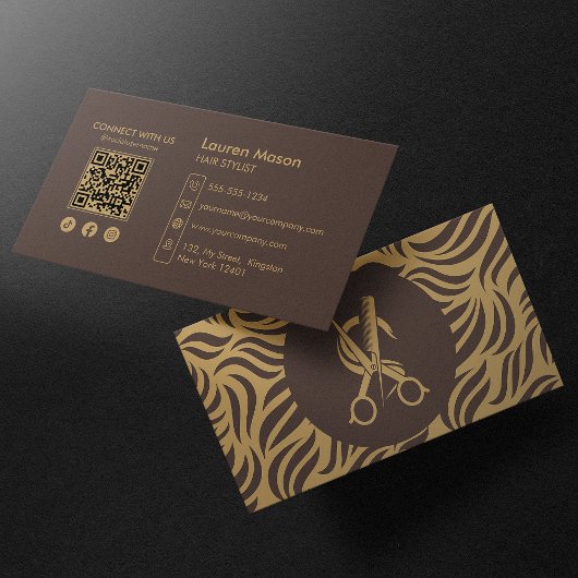 Carte De Visite Code QR Coiffeur Coiffeuse Élégant Cheveux Marron