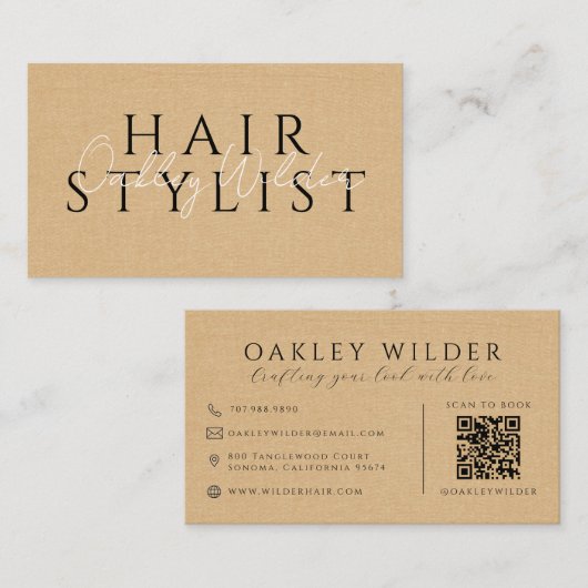 Carte De Visite Code QR Coiffeur Faux Lin Beige (Devant / Derrière)