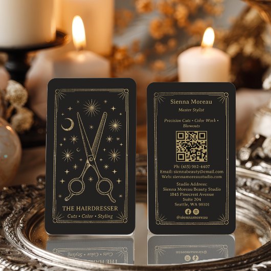 Carte De Visite Code QR Coiffeur Tarot Céleste Rétro Or
