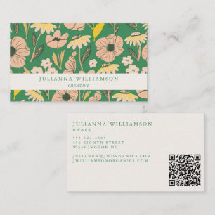 Carte De Visite Code QR coloré rose vert floral Boho moderne