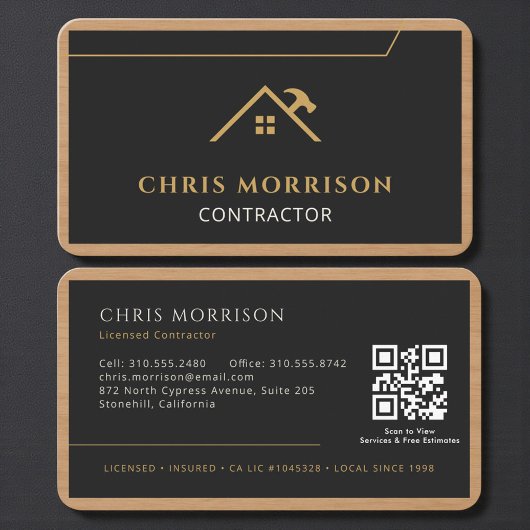 Carte De Visite Code QR Constructeur Entrepreneur Bois Noir Or