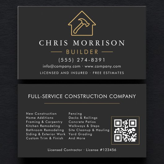 Carte De Visite Code QR Construction Builder Noir Or