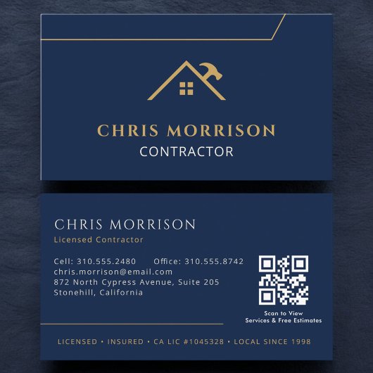 Carte De Visite Code QR Construction Entreprise Bleu Marine