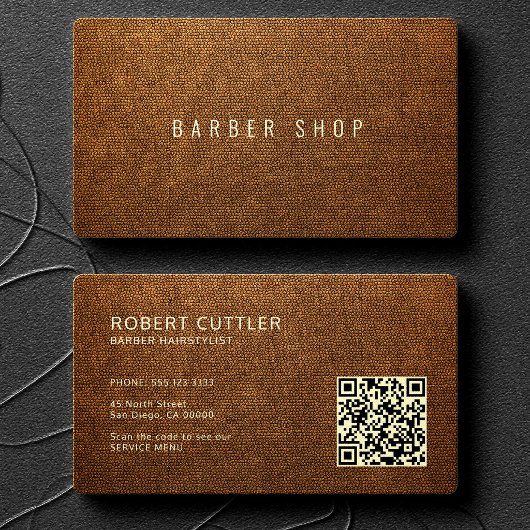 Carte De Visite Code QR cuir brun faux barbier coiffeur