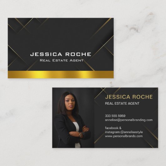 Carte De Visite Code QR d'agent immobilier Luxe Noir Or (Devant / Derrière)