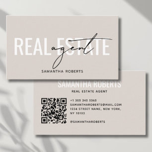 Carte De Visite Code QR d'agent immobilier moderne beige