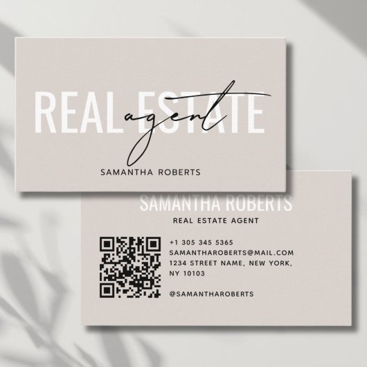 Carte De Visite Code QR d'agent immobilier moderne beige