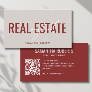 Carte De Visite Code QR d'agent immobilier moderne beige rouge