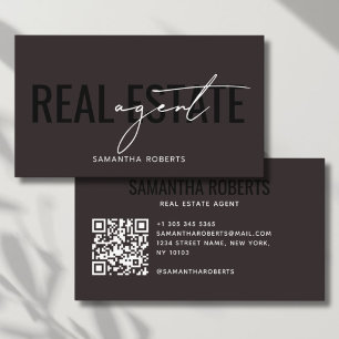 Carte De Visite Code QR d'agent immobilier moderne marron foncé