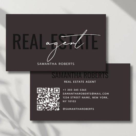 Carte De Visite Code QR d'agent immobilier moderne marron foncé