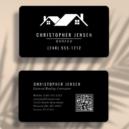 Carte De Visite Code QR d'artisan Toiture Simple Noir et Blanc Arr