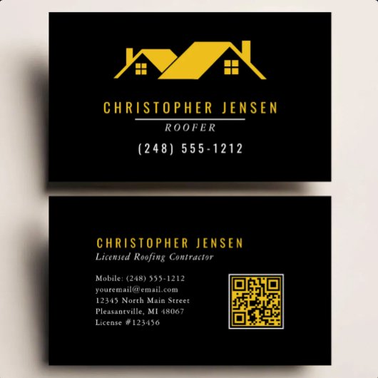 Carte De Visite Code QR d'artisan Toiture Simple Noir Jaune