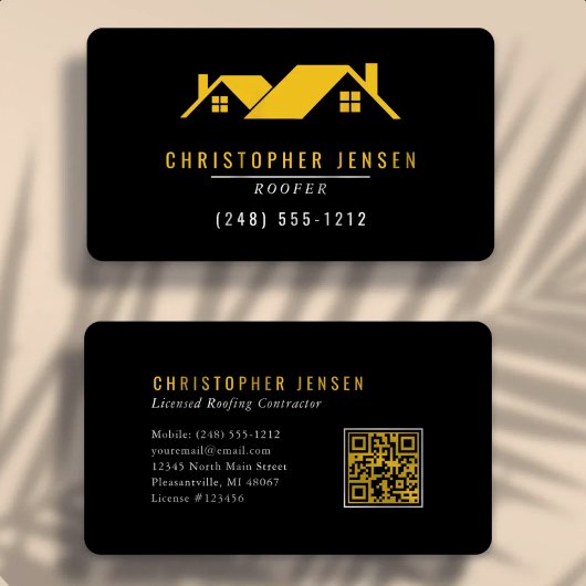 Carte De Visite Code QR d'artisan Toiture Simple Noir Jaune Arrond
