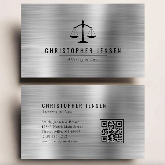 Carte De Visite Code QR d'avocat échelles noires Métal brossé arge