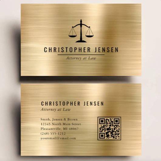 Carte De Visite Code QR d'avocat échelles noires Métal brossé or