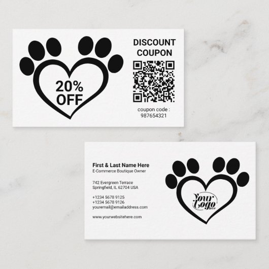 Carte De Visite Code QR de bon de réduction Patte d'animal (Devant / Derrière)