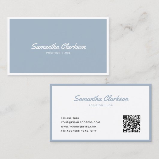 Carte De Visite Code QR de bordure de script bleu foncé simple (Devant / Derrière)