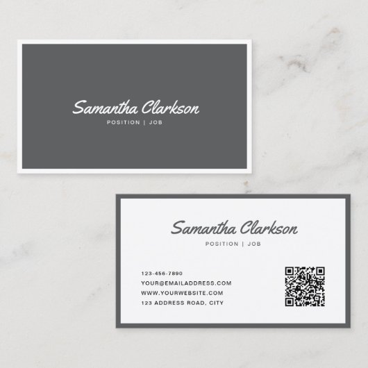 Carte De Visite Code QR de bordure de script gris foncé simple (Devant / Derrière)