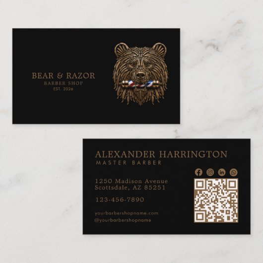 Carte De Visite Code QR de Bronze Bear du Salon de Coiffure Profes (Devant / Derrière)