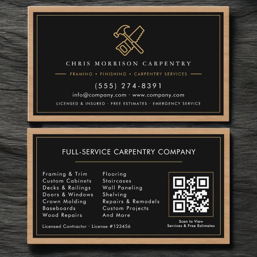 Carte De Visite Code QR de charpentier Services de menuiserie