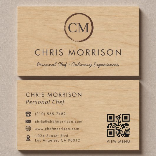 Carte De Visite Code QR de chef personnel de catering en bois rust