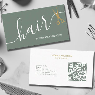 Carte De Visite Code QR de ciseaux à cheveux en or vert sauge écri