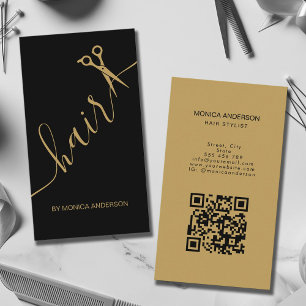 Carte De Visite Code QR de ciseaux de script de cheveux en or noir