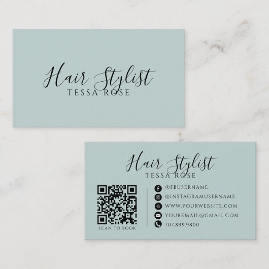 Carte De Visite Code QR de coiffeur bleu-vert poussiéreux (Devant / Derrière)
