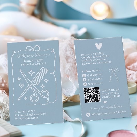 Carte De Visite Code QR de Coiffeur Doodles Bleu Poudre Rétro