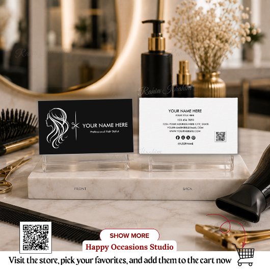 Carte De Visite Code QR de coiffeur éditable, Salon noir et blanc