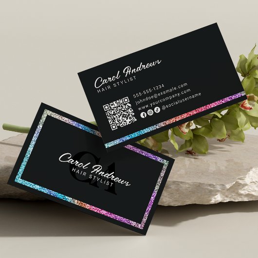 Carte De Visite Code QR de coiffeur moderne arc-en-ciel pailleté e