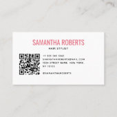 Carte De Visite Code QR de coiffeur moderne blanc rose (Dos)