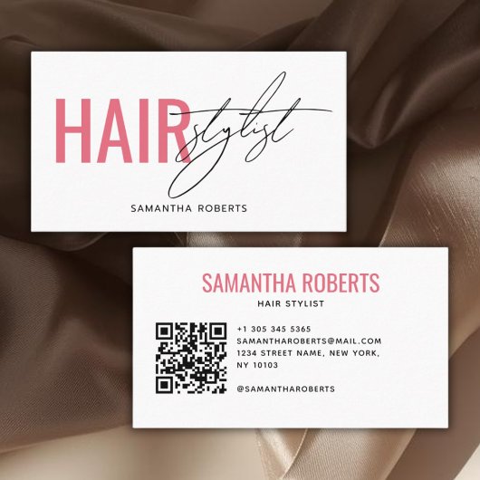 Carte De Visite Code QR de coiffeur moderne blanc rose