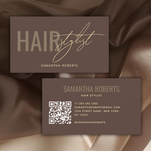 Carte De Visite Code QR de coiffeur moderne marron
