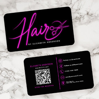 Carte De Visite Code QR de coiffeur rétro rose néon écriture manus