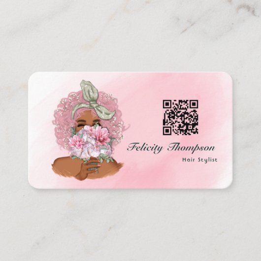Carte De Visite Code QR de coiffeur rose chic (Devant)